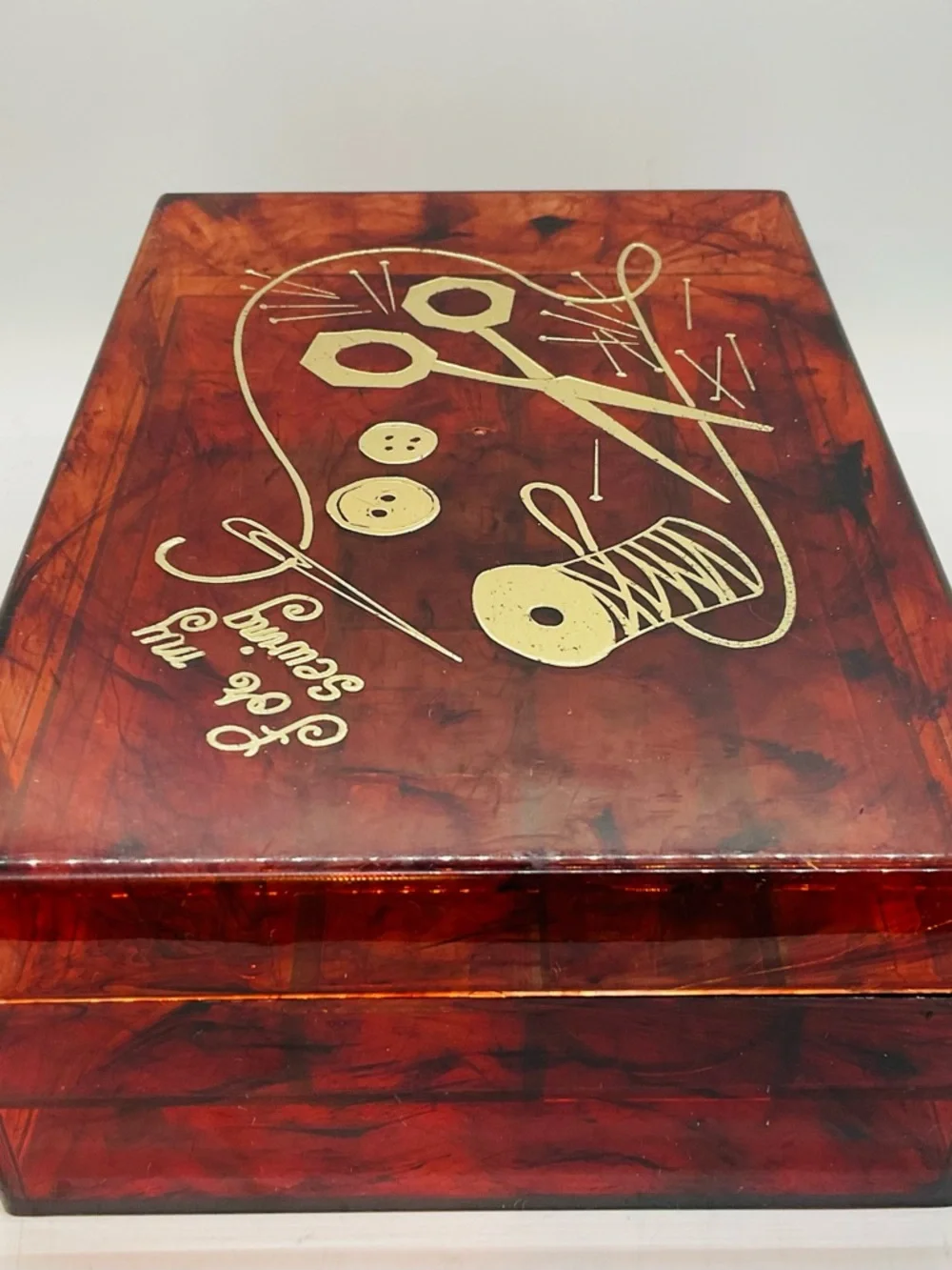 Vintage 1960s Lucite Amber ‘For My Sewing’ Box & Tray Gold Embossed Design.